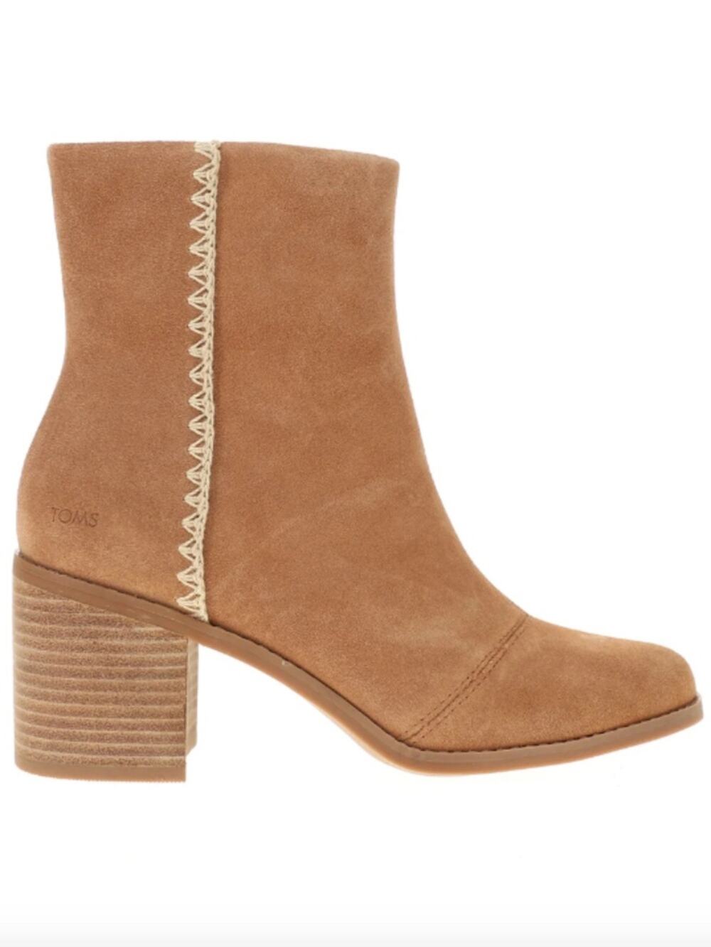 TOMS Evelyn Suede Heeled Booties natural brown embroidered accent NWOB - 9.5